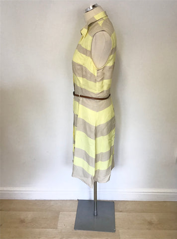 LAURA ASHLEY LEMON & BEIGE STRIPE BUTTON UP SLEEVELESS DRESS SIZE 14