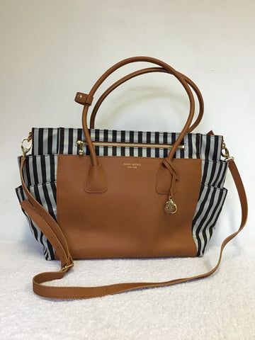 BRAND NEW RARE HENRI BENDEL MISS BENDEL TAN LEATHER & BROWN STRIPE BABY / TRAVEL BAG
