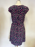 HOBBS NW3 BLUE & PINK SPOT SILK FRILL NECKLINE CAP SLEEVE TIE BELT DRESS SIZE 12