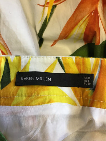 KAREN MILLEN WHITE & TROPICAL FLOWER PRINT KNEE LENGTH SKIRT SIZE 10