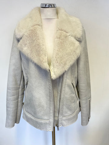 MINT VELVET LIGHT GREY FAUX FUR TRIM AVIATOR JACKET  SIZE 14