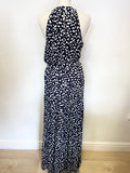 SHEIN NAVY & WHITE PRINT SLEEVELESS ELASTICATED TIE BELT WAIST MAXI DRESS SIZE L
