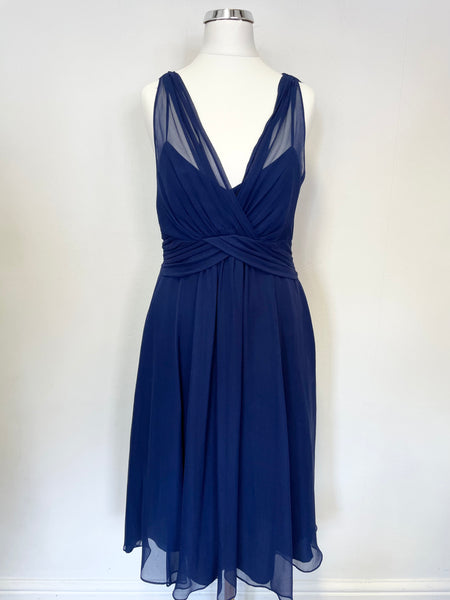 LK BENNETT DARK BLUE SILK SLEEVELESS FIT & FLARE SPECIAL OCCASION DRESS SIZE 10