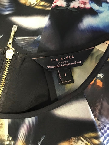 TED BAKER BLACK & MULTICOLOURED BIRD PRINT LONG SLEEVE SHIFT DRESS SIZE 1 UK 8/10
