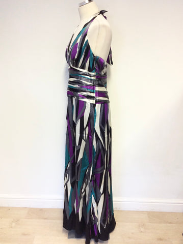 MONSOON MULTI COLOURED PRINT SILK HALTERNECK MAXI DRESS SIZE 14