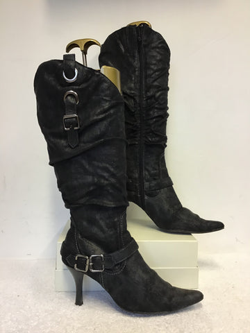 MARCO TOZZI BLACK SUEDETTE BUCKLE TRIM KNEE LENGTH BOOTS SIZE 7/40
