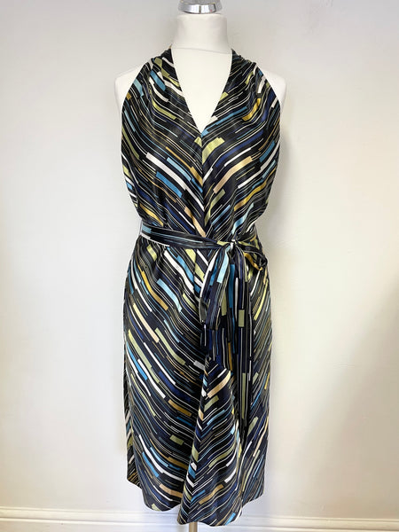 BRAND NEW JAEGER BLACK & MULTI COLOURED PRINT TIE BELT SLEEVELESS DRESS SIZE 16