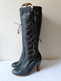 MARC JACOBS DARK GREY LEATHER LACE UP KNEE LENGTH HEELED BOOTS SIZE 6/39
