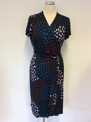 HOBBS BLUE,GREEN,BROWN & WHITE PRINT SHORT SLEEVE WRAP DRESS SIZE 14