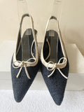 LK BENNETT NAVY BLUE TEXTILE & IVORY LEATHER TRIM SLINGBACK HEELS SIZE 6.5/39.5