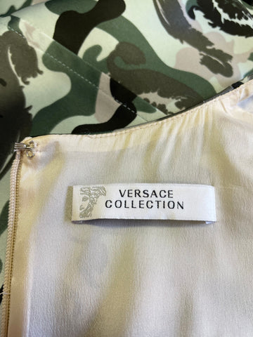 VERSACE COLLECTION GREEN,SILVER & BLACK SATIN SLEEVELESS PENCIL DRESS SIZE 40 U8