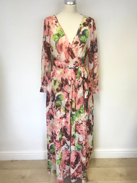 UNBRANDED CORAL & MULTI COLOURED FLORAL PRINT LONG SLEEVE MAXI DRESS SIZE L