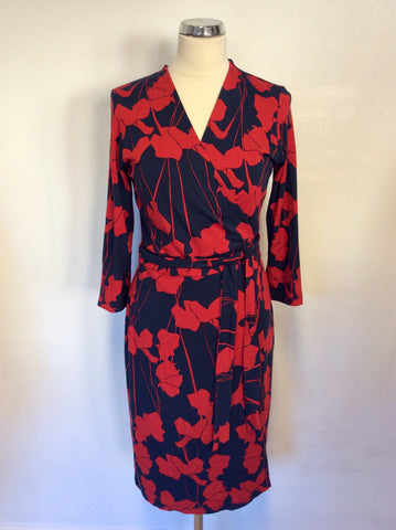 HOBBS NAVY BLUE & RED PRINT WRAP DRESS SIZE 12