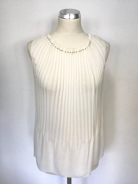 REISS OFF WHITE PLEATED SLEEVELESS BEADED NECK TOP SIZE 8