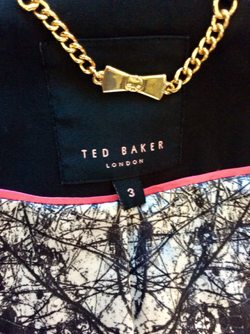TED BAKER BLACK & FAUX LEATHER TRIM COTTON COAT SIZE 3 UK 12/14