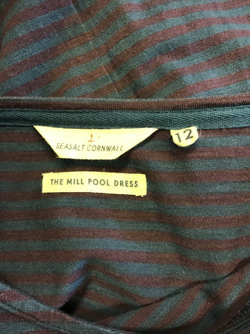 SEASALT CORNWALL BLUE & BURGUNDY STRIPE STRETCH JERSEY DRESS SIZE 12