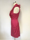 TED BAKER HOT PINK RUFFLE TRIM V NECK SLEEVELESS PENCIL DRESS SIZE 1 UK 8/10