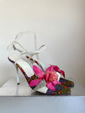 Italian Casadei White Patent Leather Flower Trim Strappy Sandals Size 5.5 /38.5