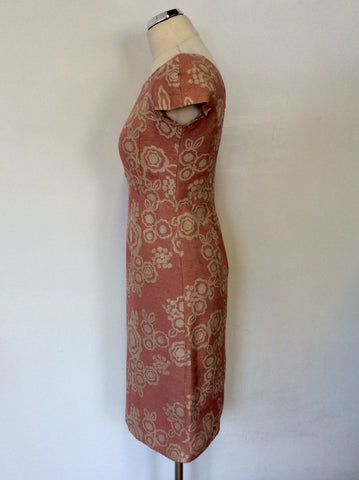 DAKS ROSE PINK & BEIGE PRINT SILK & COTTON BLEND CAP SLEEVE DRESS SIZE 10