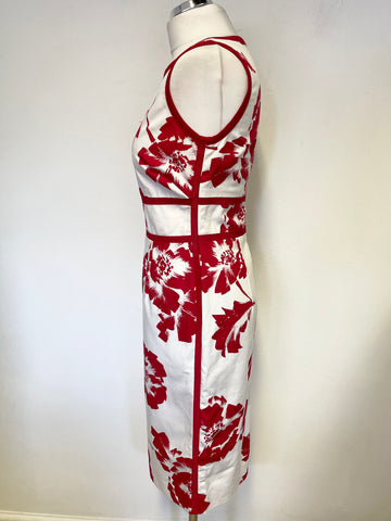 HOBBS WHITE & RED FLORAL PRINT SLEEVELESS COTTON PENCIL DRESS SIZE 10
