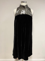 FRENCH CONNECTION BLACK VELVET SEQUIN TRIMMED SHIFT DRESS SIZE 14