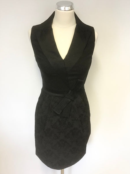 KAREN MILLEN BLACK SATIN TRIMMED COLLAR EMBROIDERED SKIRT SPECIAL OCCASION DRESS SIZE 8