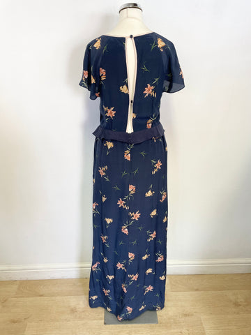 FRENCH CONNECTION DARK BLUE FLORAL PRINT SILK MAXI DRESS SIZE 10
