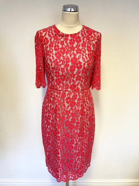 LK BENNETT WARDOUR JELLY BEAN PINK LACE OVERLAY SHORT SLEEVE PENCIL DRESS SIZE 12