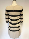 JAEGER BEIGE & BLACK RIBBON STRIPE BOW TRIM 3/4 SLEEVE SHIFT DRESS SIZE 8