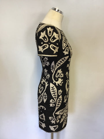 FRENCH CONNECTION BLACK & IVORY EMBROIDERED & BEADED SHIFT DRESS SIZE 6