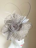 TAILOR MADE LIGHT GREY FLOWER,FEATHER & STICK TRIM FASCINATOR ON SATIN HEADBAND