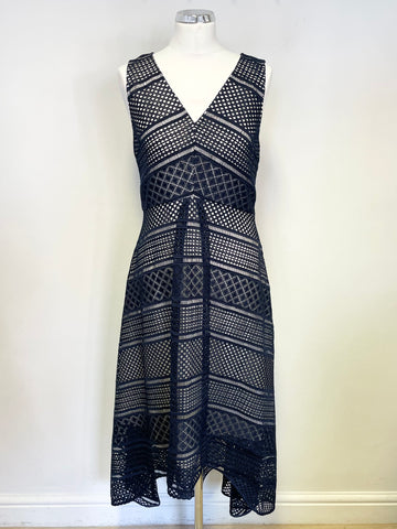BRAND NEW EX SAMPLE JAEGER NAVY LACE OVER CREAM SLEEVELESS SPECIAL OCCASION DRESS SIZE 10