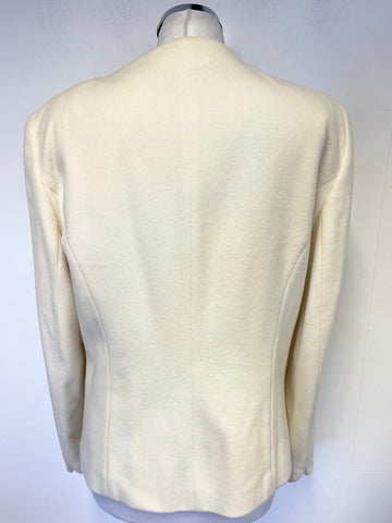 TOISIE IVORY WOOL & CASHMERE BLEND COLLARLESS LONG SLEEVED JACKET SIZE 14