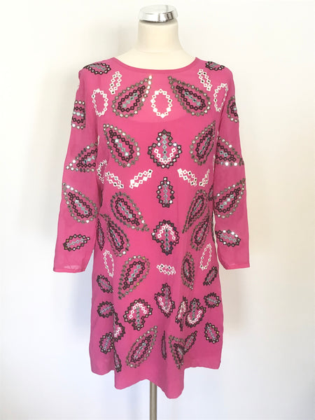 DKNY PINK SILK EMBROIDERED & MIRROR TRIM 3/4 SLEEVE SHIFT DRESS SIZE M