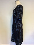 GINA BACCONI BLACK LACE & BLUE LINED SHORT SLEEVE PENCIL DRESS SIZE 16
