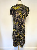 WHISTLES BLACK,GREEN & MUSTARD FLORAL PRINT SILK CAP SLEEVE TEA DRESS SIZE 16