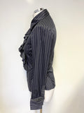 KAREN MILLEN NAVY STRIPE COLLARED FRILLED FRONT LONG SLEEVE SHIRT SIZE