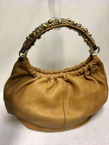 KAREN MILLEN TAN LEATHER STUDDED STRAP SHOULDER BAG