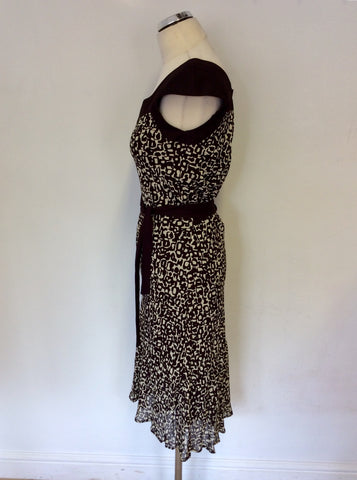 HOBBS BROWN & CREAM PRINT TIE BELT DRESS SIZE 10
