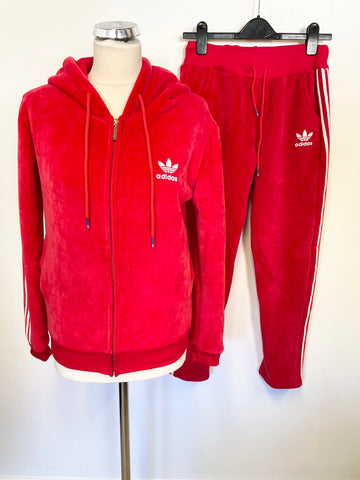 BRAND NEW ADIDAS RED VELOUR ZIP UP HOODED TRACK SUIT SIZE 10/12