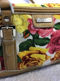 KAREN MILLEN FLORAL ROSE PRINT COTTON & TAN LEATHER TRIM HAND BAG
