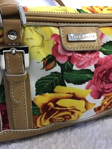 KAREN MILLEN FLORAL ROSE PRINT COTTON & TAN LEATHER TRIM HAND BAG