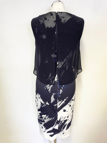 BRAND NEW PHASE EIGHT NAVY BLUE & WHITE PRINT SHEER OVERLAY TOP PENCIL DRESS SIZE 10