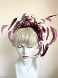 TAILOR MADE PLUM FEATHER & GLASS BEAD TRIM FASCINATOR ON COMB