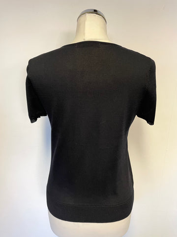 JESIRE BLACK MESH TOP WITH BOW TRIM SHORT SLEEVE FINE KNIT TOP SIZE S