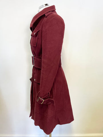 KAREN MILLEN BURGUNDY BRUSHED COTTON BELTED KNEE LENGTH COAT SIZE 10