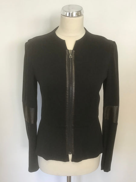 GO  BY GOSILK BLACK SILK & BROWN FAUX LEATHER TRIM LIGHTWEIGHT ZIP JACKET SIZE S