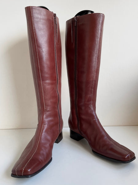 ECCO CHESTNUT BROWN LEATHER KNEE LENGTH LOW HEEL BOOTS SIZE 5/38