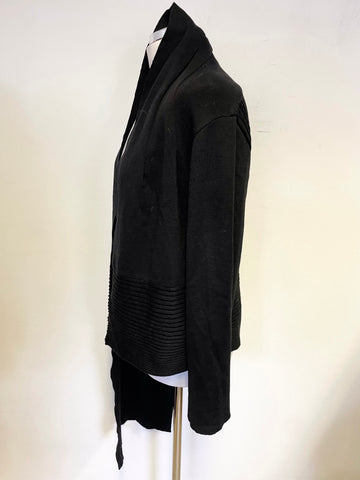 LA CONFIDENCE BLACK MERINO WOOL BLEND  PART RIBBED ONE LONG SIDED CARDIGAN SIZE L