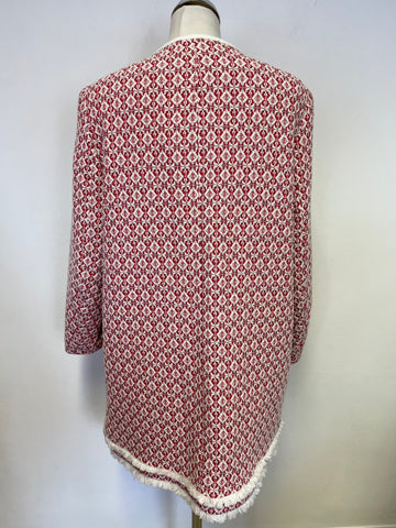 ZARA BASIC RED & WHITE DIAMOND WEAVE COLLARLESS FRINGED EDGE SHORT COAT SIZE XL